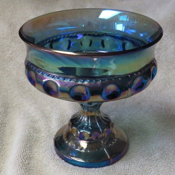Indiana Carnival Glass Iridescent Pedestal Dish - Kings Crown Thumbprint - Picture 1 of 4